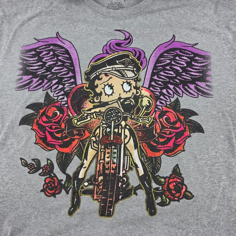 Betty Boop Biker Motorcycle Wings Roses Graphic T-Shirt Gray Mens XL 2020